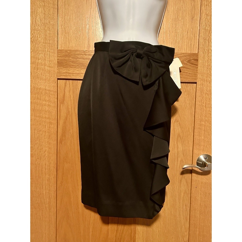 Vintage Chic Bow-Embellished Ruffle Black Midi High Waisted Pencil Skirt Size 6